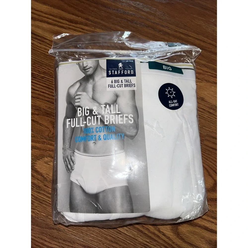 New Pack  6 Stafford Big & Tall Full‎ Cut Brief Mens Size 50 White Cotton Briefs
